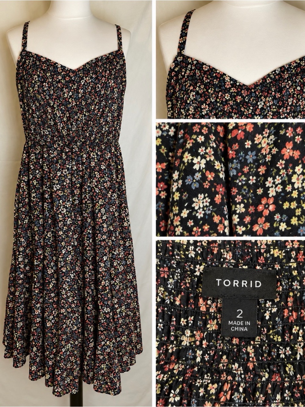 torrid Black Floral Midi Dress with Spaghetti Straps